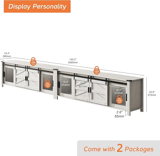 WAMPAT Modern Wood Entertainment Center for ups to 100 inch TV, Set of Two 70" Sliding Barn Door Media TV Console Table with Storage Shelf for Living Room Bedroom，Antique White