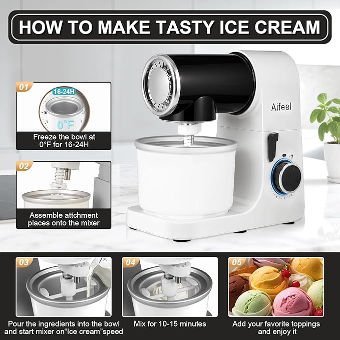 Aifeel Stand Mixer,6.5QT Kitchen Electric Mixer with 2QT Ice Cream Maker Bowl, 6 in 1 Multifunctional Bread Dough Mixer with Dough Hook,Whisk & Beater, Food Mixer for Baking (Black-White)
