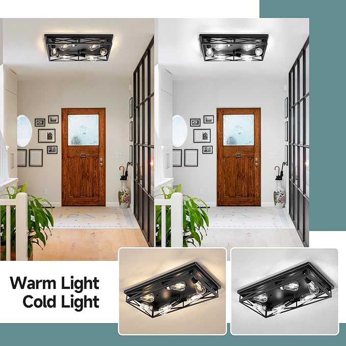 Flush Mount Ceiling Light Fixture,6-Light Black Farmhouse Flush Mount Light Fixture Kitchen Lights, 23" Metal Cage Closed to Ceiling Mounted Lights for Kitchen Hallway Entryway E26 Base