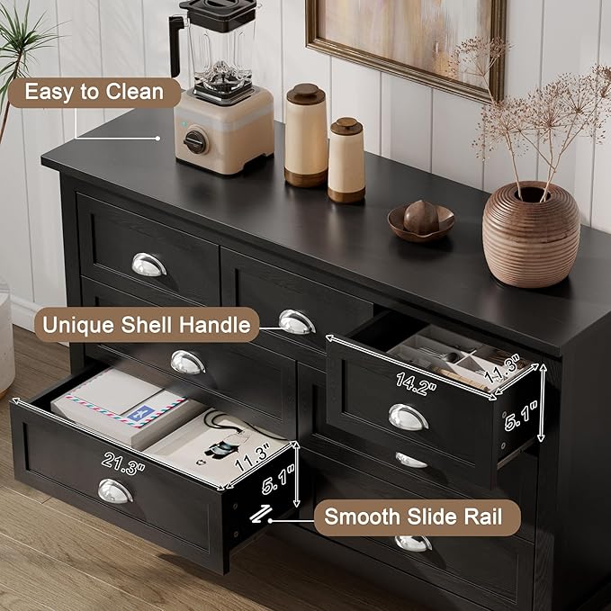 Black Dresser for Bedroom, Farmhouse 7 Drawer Double Dresser with Vintage Antique Handles, Modern Dressers and Chest of Drawers for Bedroom