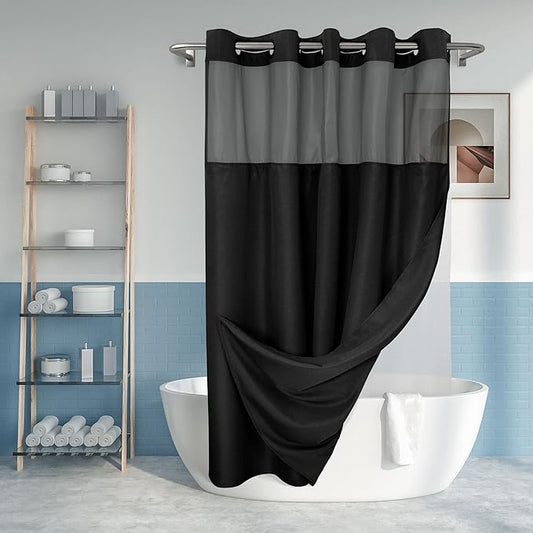 Long No Hook Slub Textured Shower Curtain with Snap-in PEVA Liner Set - 71" x 77"(75"), Hotel Style with See Through Top Window, Black Fabric Curtain & Waterproof Liner, Black, 71x77
