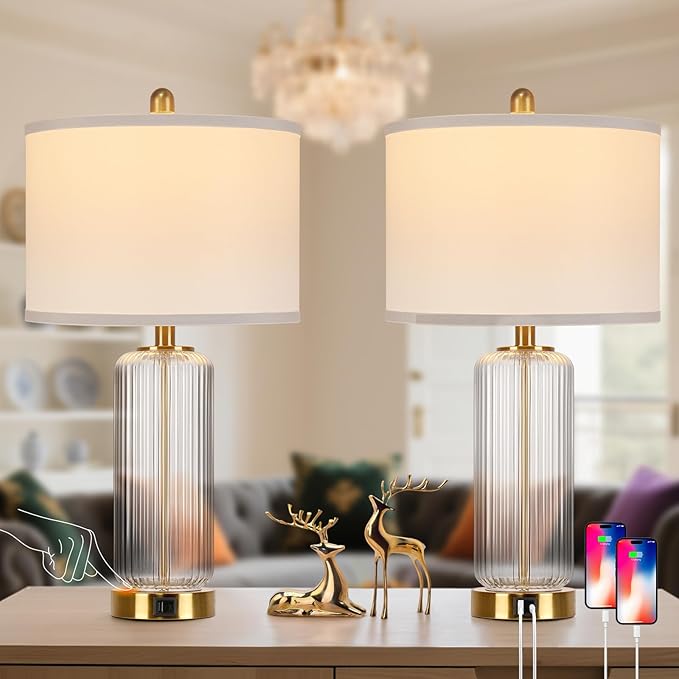 Table Lamps Set of 2 with Touch Control, 27" Modern Glass Bedside Lamps with USB A+C Ports, 3-Way Dimmable Nightstand Lamp with Vertical Grained Glass, Bedside Table Lamps, Desk Lamp for Bedroom
