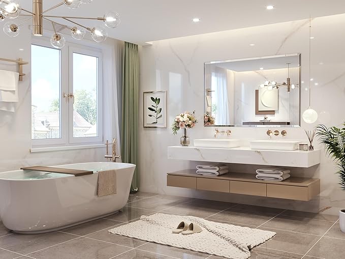 Bathroom Mirrors for Wall Beveled, 55"x36" Frameless Bathroom Vanity Mirror, Wall Mount Mirror for Bedroom Entryway Living Room Hangs Horizontally or Vertically
