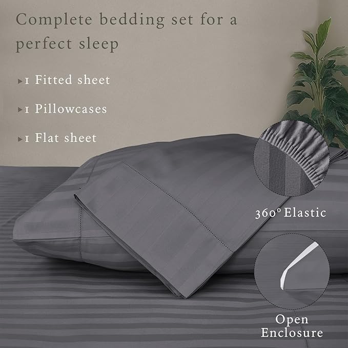 Threadmill 500 Thread Count Twin-XL Size Damask Stripe, 3 Pc Luxury Cotton Bed Sheet Set, Breathable Dark Grey Sheets with 15" Elasticized Deep Pocket, 1 Pillowcase & Free Tote Bag