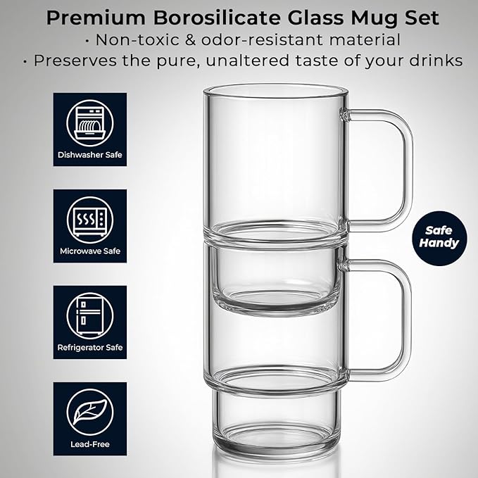 Aquach 22oz Stackable Glass Mugs with Handle, Set of 2 - Large Clear Coffee Cups for Latte, Cappuccino, Mocha, Americano, and Tea