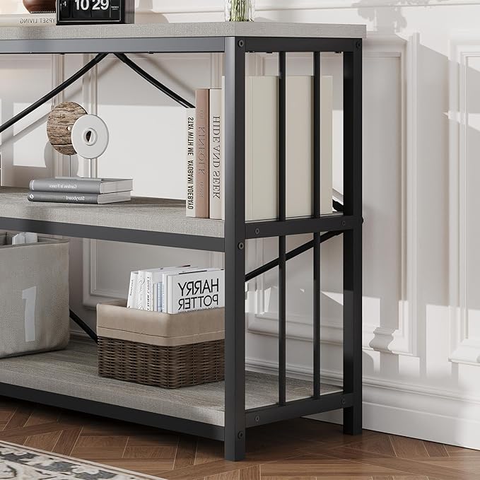 HSH Long Bookshelf, Large Wood Wide Grey Horizontal Book Shelf Under Window, Modern Open Etagere Bookcase for Bedroom Living Room, Industrial Wooden Metal Display Bookshelves for Home Office, 63 Inch