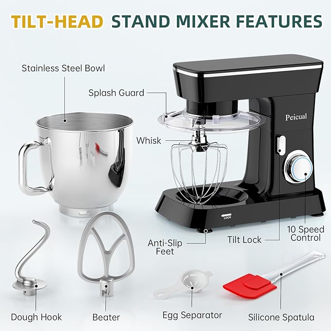 Stand Mixer, 6QT 10+P Speed Tilt-Head Kitchen Electric Mixer, Food Mixer with Stainless Steel Bowl, Dough Hook, Flat Beater, Wire Whisk, Splash Guard for Daily Use - Black