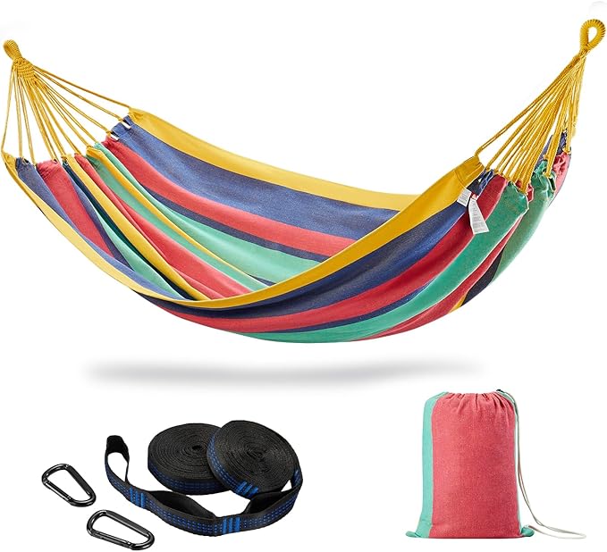 Brazilian Double Hammock with Tree Straps,Extra Large 94x63IN,2 Persons Hammock for Backyard Patio Outdoor and Indoor,450lbs Weight Capacity,Soft Woven Cotton Fabric - Aqua Bule Stripe