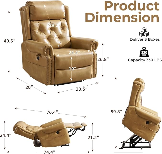 Large Power Lift Recliner Chair for Elderly, Oversized Lay Flat Recliner with Massage and Heat, Electric Lift Chair with Adjustable Headrest, Extended Footrest, USB Ports, Beige
