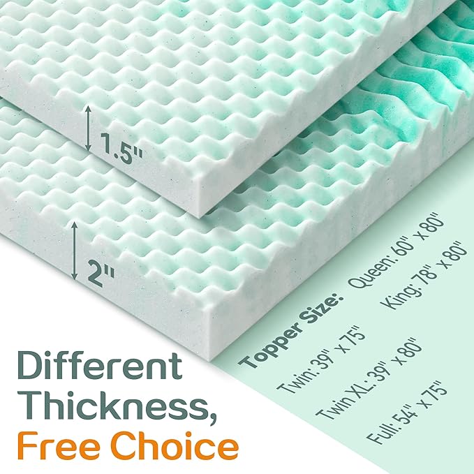 SINWEEK 1.5 Inch Mattress Topper 5-Zone Memory Foam Mattress Topper Pressure Relieve Soft Mattress Pad, CertiPUR-US Certified, King Size, Green