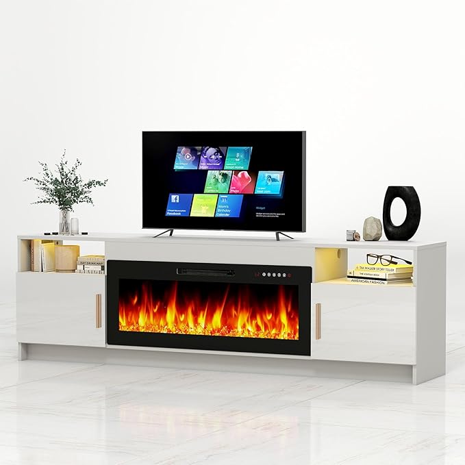 Ludatido 70 Inch TV Stand with 36 inch Electric Fireplace 27 LED Light Entertainment Center for TVs Up to 80" Black Modern Wood Media TV Console with Highlight Cabinet for Living Room White