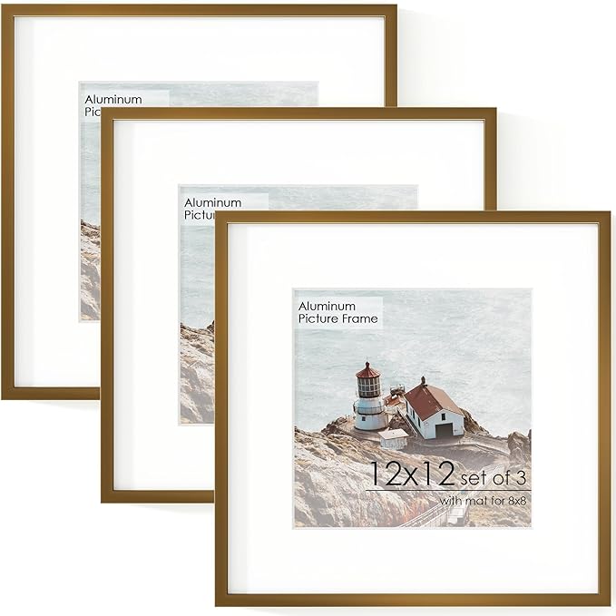 12x12 Frame - Metal Square Picture Frame With Tempered Glass 12x12 Frame With Mat For 8x8 Minimalist Modern Poster Frame Home Wall Decor Hanging Hardware Included (3PCs, Bronze)