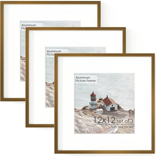 12x12 Frame - Metal Square Picture Frame With Tempered Glass 12x12 Frame With Mat For 8x8 Minimalist Modern Poster Frame Home Wall Decor Hanging Hardware Included (3PCs, Bronze)