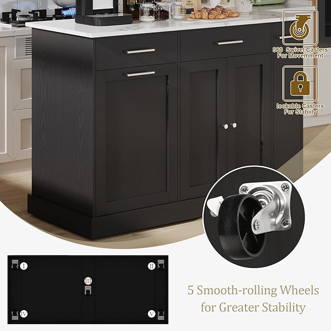 4 EVER WINNER Rolling Kitchen Island Cart with Trash Can Storage,Kitchen Island on Wheels with Marble Countertop, Kitchen Islands Table with Spice Rack & Towel Rack, Black