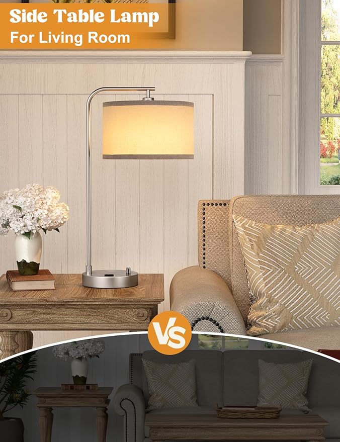 Gray Side Table Lamp with USB Port and Outlet, Dimmable Nightstand Bedside Lamps with Linen Lampshade, Desk Lamp for Bedroom, Living Room, Guest Room, Home Office, LED Bulb Included