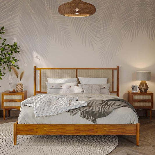 Bme Oliver King Bed Frame and Headboard - 15-Inch Signature Design with Rattan Headboard, Bohemian and Mid Century Style, 12-Slat Wood Support, No Box Spring Needed - Easy Assembly, Caramel
