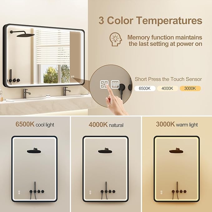 LED-Bathroom-Mirror-with-Lights, 40"x28" Wall-Mounted with Anti-Fog, 3 Colors Dimmable Light, Waterproof, Tempered Glass, Black Framed