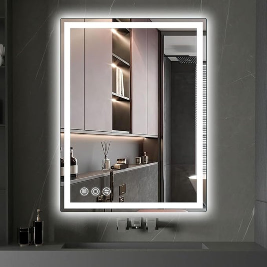 LED Mirror for Bathroom 20"x 28" with Frontlit and Backlit, Anti-Fog Mirror with Lights, Stepless 3 Colors Temperature & Dimmable Bathroom Mirror, Memory Tempered Glass Mirror for Bathroom