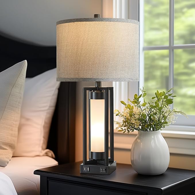 RORIANO Set of 2 Modern Table Lamps for Living Room with USB C+A Ports, Rustic Nightstand Lamp with White Night Light, Retro Desk Lamp for Bedroom End Table Entryway, 4 Bulb Included (Black)