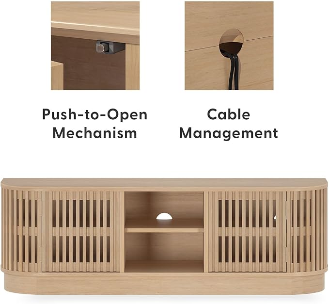 Plank+Beam Contour Wood TV Stand, Solid Wood Entertainment Console with Storage, 59" L x 16" W x 19" H, Blonde