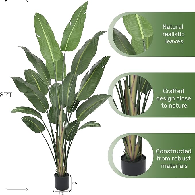 8FT Artificial Bird of Paradise Tree 94 Inch Large Faux Silk Plants Banana Leaf with 17 Trunks in Black Pot for Home Decor Living Room Office Bedroom