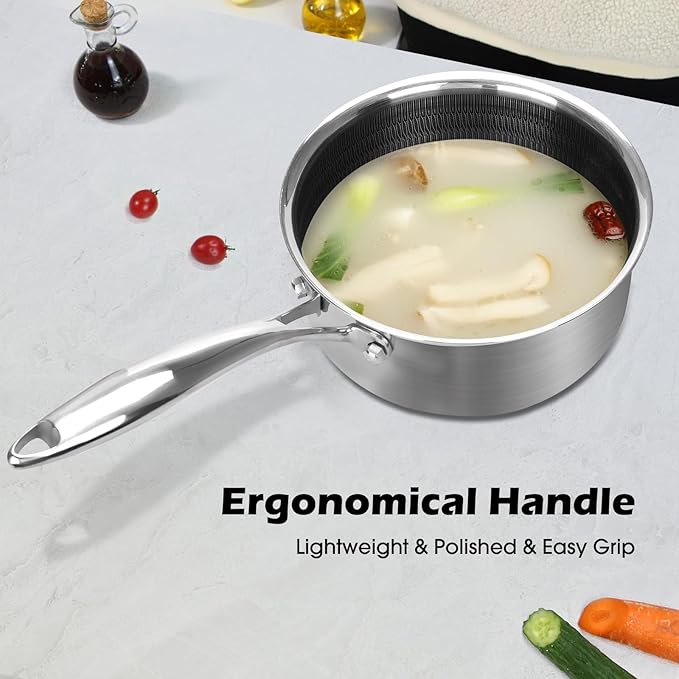 2 Quart Nonstick Saucepan with Glass Cover, Stainless Steel Induction Sauce Pan with Honeycomb Carving, Non-stick Sauce Pot, Compatible with All Cooktops, Dishwasher Safe