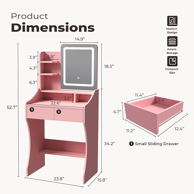 Small Vanity Desk, Makeup Vanity with Mirror and Lights, Vanity Desk with Drawer & 3 Storage Shelves, Pink Makeup Vanity Desk with Lights for Bedroom