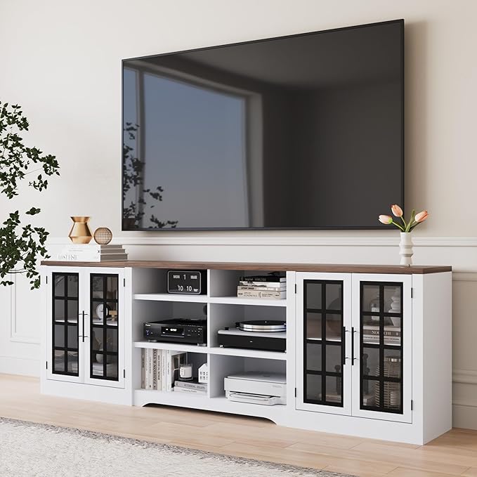 Farmhouse TV Stand for TVs up to 100", Modern Entertainment Center with 2 Cabinets and 3-Tier Open Shelves, Rustic TV Console for Living Room, Bedroom, White
