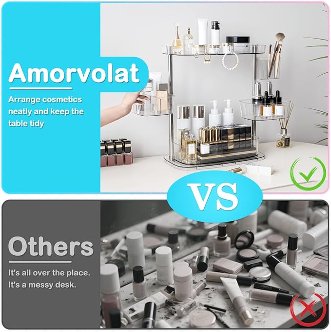 360 Rotating Makeup Organizer 2 Tier with 3 Adjustable Makeup Carousel Spinning Holder Rack - Large Cosmetic Display Case for Bathroom Countertop, Lipstick, Brushes, Skincare