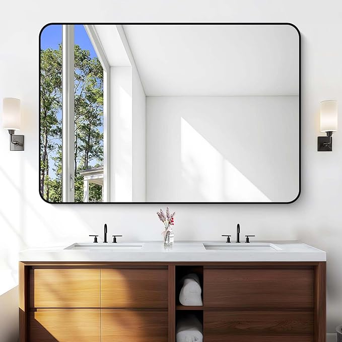 Large Bathroom Mirror, 60 x 40 inch Black Rectangle Mirror, Metal Framed Rectangular Vanity Mirror, Rounded Corner Wall Mounted Mirror for Over Sinks Bedroom Living Room Horizontal/Vertical