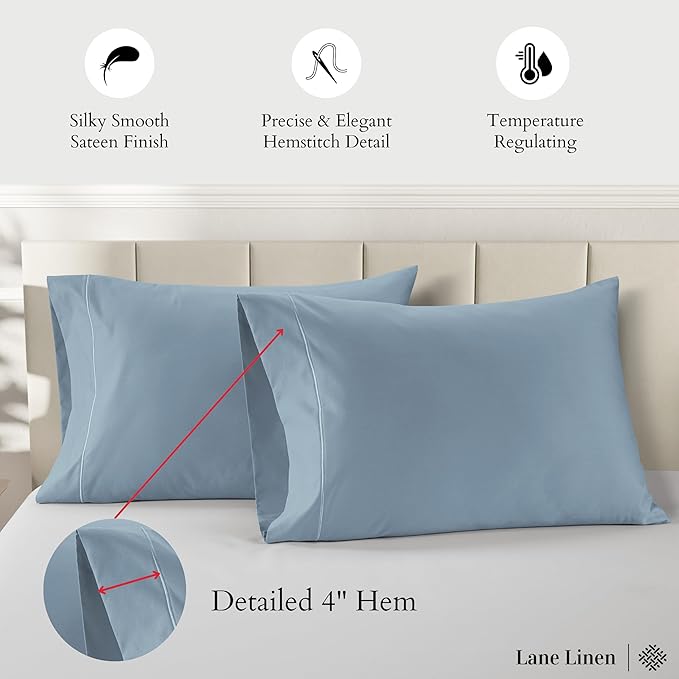 Lane Linen 100% Egyptian Cotton Pillow Cases Queen Size Set of 2 (20"x30") - 1000 Thread Count Cotton Pillowcases - Soft Queen Size Light Blue Pillow Cases Set of 2 - French Blue