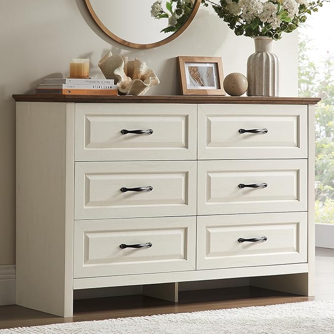 Amada Farmhouse 6 Drawer Dresser for Bedroom, 47.2 Inch Wide Wood Dresser with Natural Texture, Large Drawers, Rustic Farmhouse Chest of Drawers for Bedroom, Living Room, Hallway, Brown & White