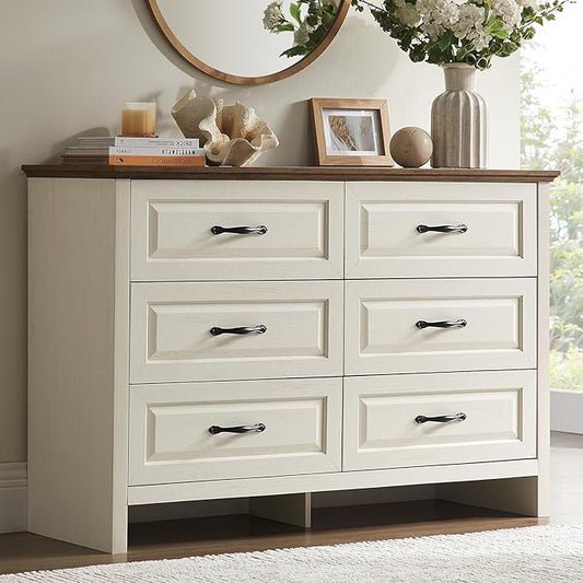 Amada Farmhouse 6 Drawer Dresser for Bedroom, 47.2 Inch Wide Wood Dresser with Natural Texture, Large Drawers, Rustic Farmhouse Chest of Drawers for Bedroom, Living Room, Hallway, Brown & White