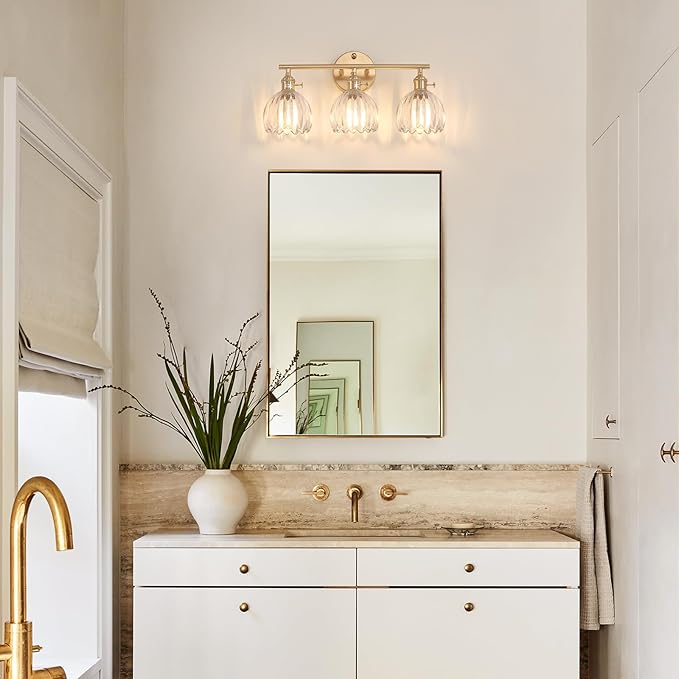 Bathroom Light Fixtures, 3-Light Brass Vanity Wall Light Over Mirror with Clear Tulip Glass Shade for Bedroom Living Room