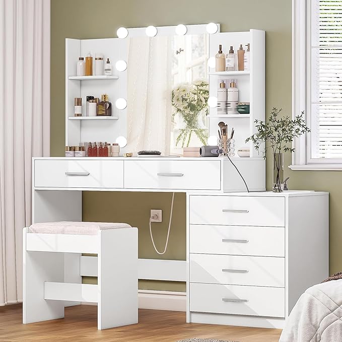 Vanity Desk with Mirror & Lights, Makeup Vanity with 6 Drawers, 6 Open Shelves and Power Outlet, 48” Storage Makeup Vanity Desk with Stool Bench for Women, Girls, Bedroom, White