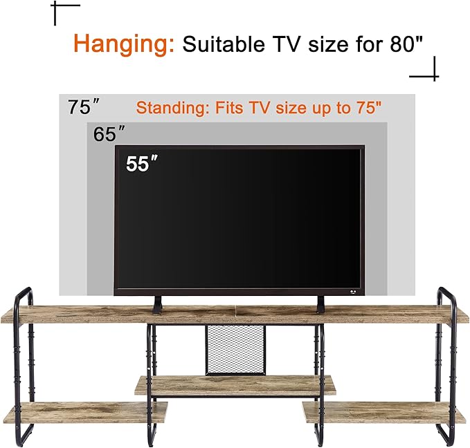 VECELO TV Stands for 75 Inch,Entertainment Center/Media Console Table with Adjustable Storage Shelves for Living Room/Bedroom,Grey