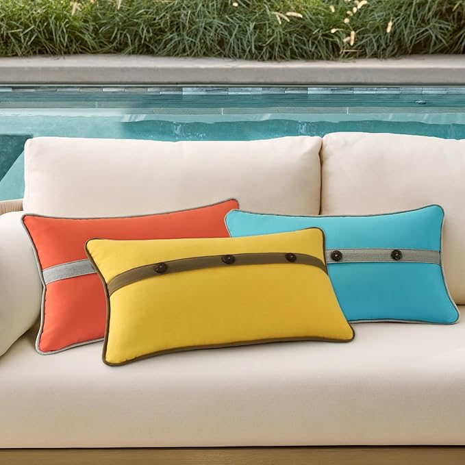 Outdoor Sunbrella Decorative Pillows with Triple Coconut Buttons Pack of 4, 20" x 12" Outdoor Pillow Set for Couch Bed Throw Patio Sofa, Canvas Aruba/Cast Ash