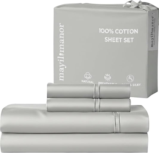 100% Natural Cotton Bed Sheets | 500 TC Single-Ply Sateen Weave Full Size Sheets | Soft, Breathable, Hypoallergenic Solid 4-Piece Bedding with Deep Pocket Fitted, Flat, Pillowcase | Grey