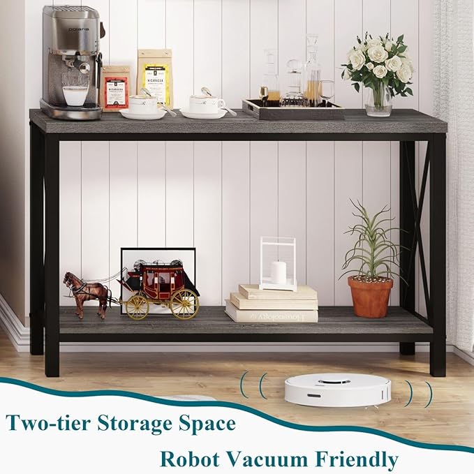 BON AUGURE Console Tables for Living Room, Industrial Couch Table Behind Sofa, Wood Metal Entryway Tables for Hallway, Entry Way Table for Foyer, Entrance, Front Door (Dark Grey Oak, 47 Inch)