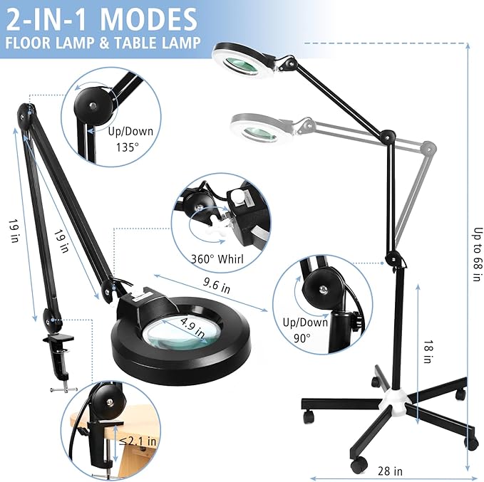 LANCOSC 8X Magnifying Glass with Light and Stand, Floor Lamp with 5-Wheel Rolling Base for Facials Lash Estheticians, 1,500 Lumens Dimmable LED Lighted Magnifier for Reading Sewing Crafts - Black