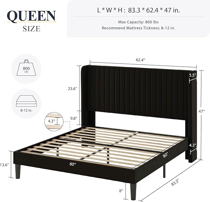 Allewie Queen Size Velvet Bed Frame/Vertical Channel Tufted Wingback Headboard/Upholstered Platform Bed/Strong Wooden Slats/No Box Spring Needed/Easy Assembly/Black