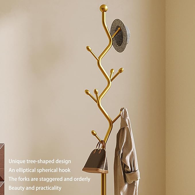 Coat Rack Freestanding gold Coat Tree with 8 Hooks, Creative Design Tree Branch-look, Standing Coat Rack Coat Hanger Stand with Stury cast iron Base for Entryway, Hallway, Bedroom (gold)