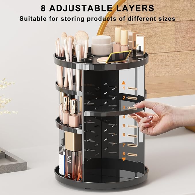 Rotating Makeup Organizer for Vanity, 360 Spinning Skincare Organizers with Adjustable Trays, Make Up Desk Storage Carousel Rack, Cosmetic Display Cases for Dresser Bathroom Countertop