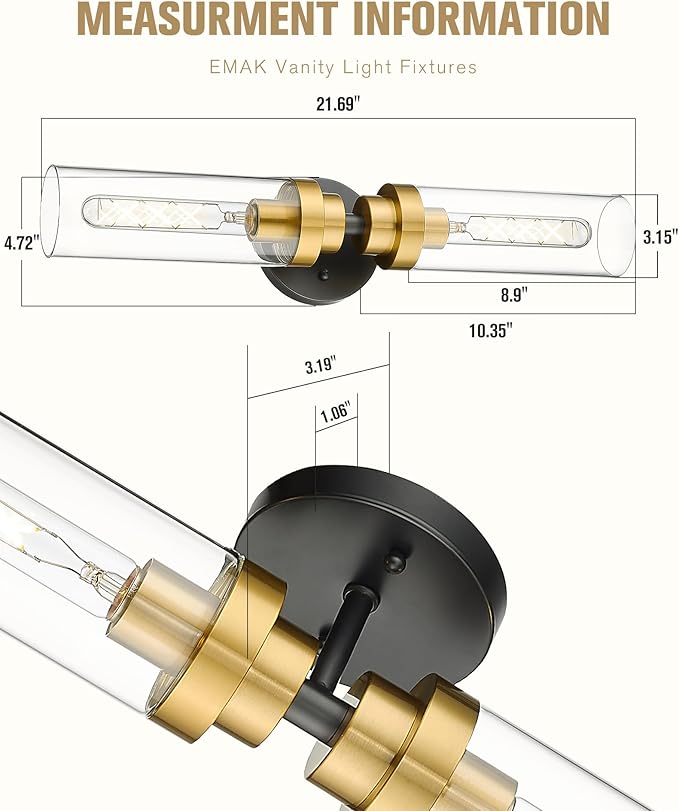 Emak Black and Gold Vanity Lights for Mirror, Modern 22 Inch Bathroom Light Fixtures with Clear Glass Shade, 2-Light Cylinder Wall Sconce for Bathroom, Bedroom, Hallway, VL085-BKBGD-2