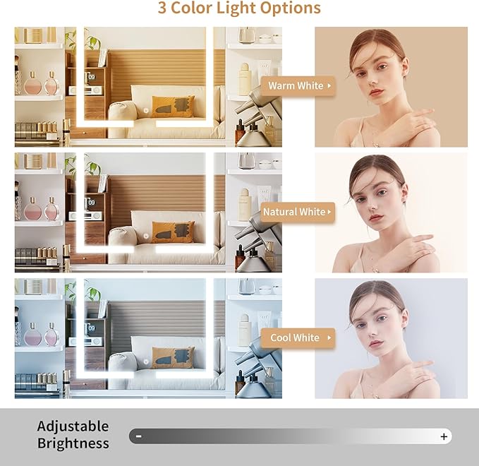 SMOOL Vanity with Lighted Mirror, Makeup Vanity Desk with Glass Top & Power Outlet, 3 Color Light Options, Vanity Table with 6 Storage Shelves, 2 Large Drawers and Cushioned Stool for Bedroom, White