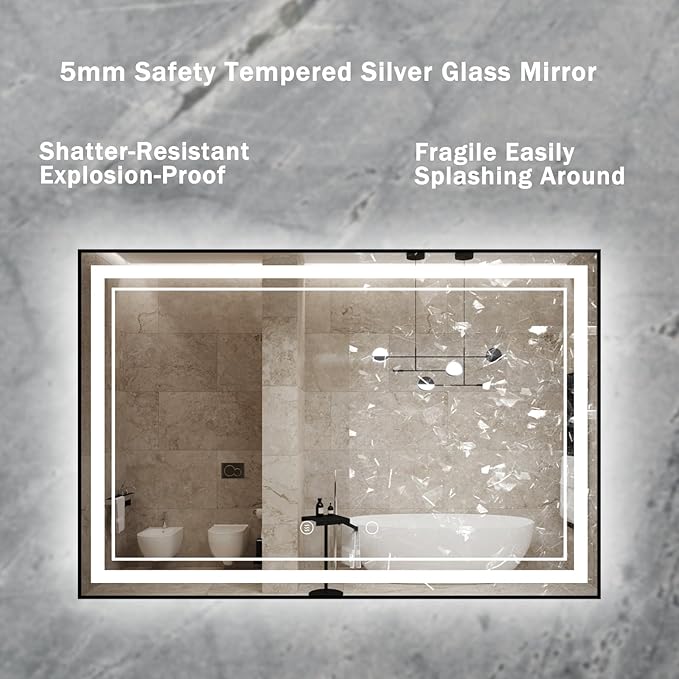 48" x 32" LED Bathroom Mirror with Lights Framed LED Mirror for Bathroom Backlit and Front Lighted Bathroom Mirror Black Square Aluminum Frame Anti-Fog Dimmable Adjustable Shatter-Proof