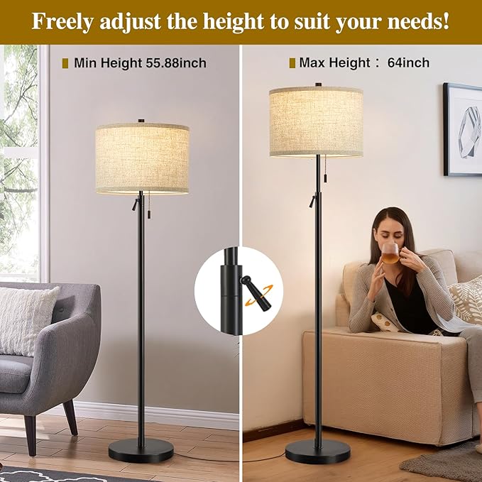 GyroVu Black Floor Lamp, Height Adjustable Standing Lamp Tall Lamp with Fabric Lampshade&Pull Chain Corner Floor Lamps for Living Room, Bedroom & Office Bulbs Not Included(Black)