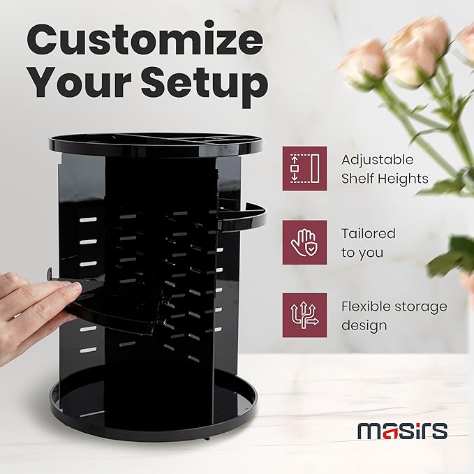 360 Rotating Makeup Organizer - Adjustable Shelf Height and Fully Rotatable. The Perfect Cosmetic Organizer for Bedroom Dresser or Vanity Countertop. (Black)