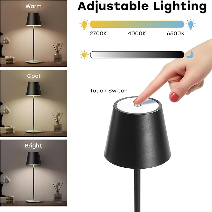 2 Pack Cordless Table Lamp,Portable LED Desk Lamp, 5200mAh Battery Operated, 3 Color Stepless Dimming Up, for Restaurant, Bedroom, Bars, Outdoor Party, Camping, Coffee Shop Night Light Black