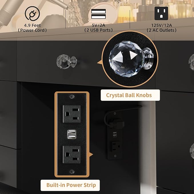 VOWNER Vanity with Lighted Mirror - 47" Makeup Vanity Desk with 9 Drawers and Power Outlet, 3 Color Lighting Modes Adjustable Brightness, Makeup Desk with Soft Cushioned Stool for Bedroom, Black